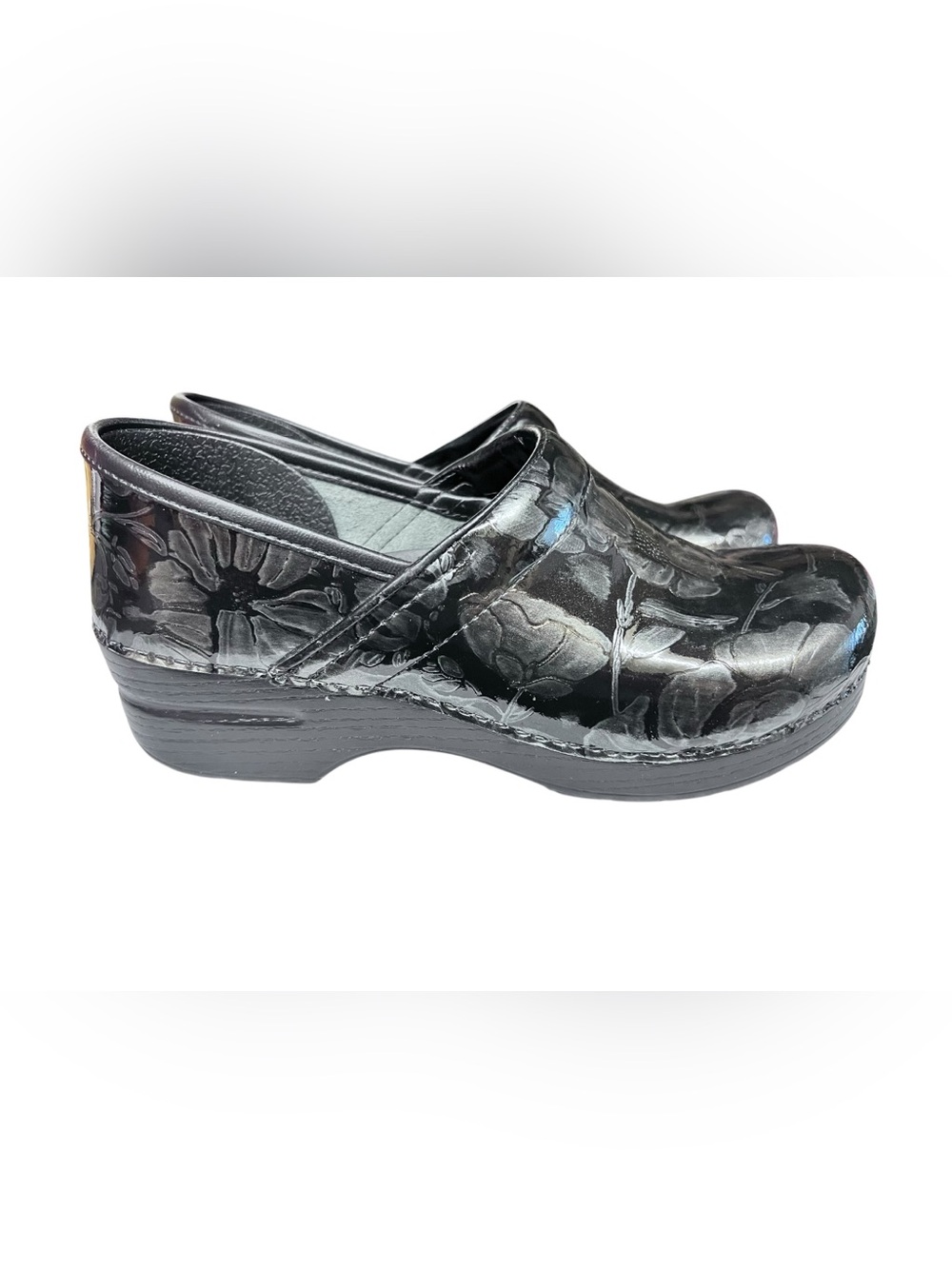 Dansko Black Floral Patent Clogs sz40